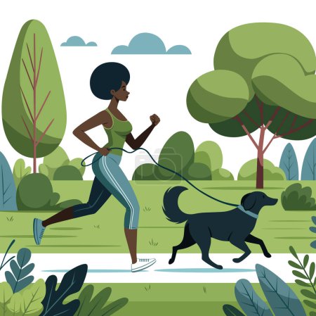 Téléchargez les illustrations : Illustration au design plat d'une femme africaine faisant du jogging avec son chien dans un parc verdoyant. - en licence libre de droit