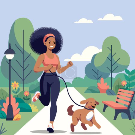 Flache Design-Illustration einer Afrikanerin, die mit ihrem Hund in einem üppig grünen Park joggt.