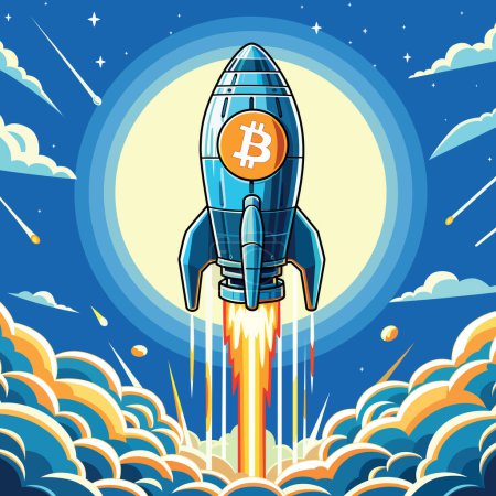 Illustration for Comic book style illustration of a rocket with a Bitcoin emblem blasting off into space, amidst clouds and stars. - Royalty Free Image