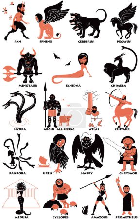 Conjunto de ilustración de diseño plano de criaturas y figuras de la mitología griega sobre fondo blanco.