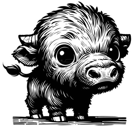 Ilustración de Ilustración estilo Woodcut de bebé lindo búfalo africano sobre fondo blanco. - Imagen libre de derechos