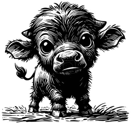 Illustration for Woodcut style illustration of cute baby African buffalo on white background. - Royalty Free Image