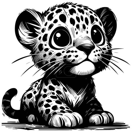 Woodcut style illustration of cute baby African leopard on white background.