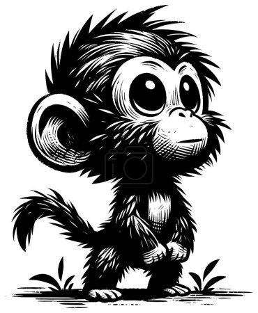 Ilustración de Ilustración estilo Woodcut de babuino bebé lindo sobre fondo blanco. - Imagen libre de derechos