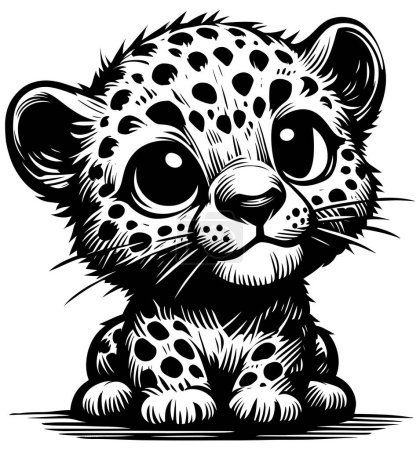 Téléchargez les illustrations : Illustration de style Woodcut de mignon bébé léopard africain sur fond blanc. - en licence libre de droit