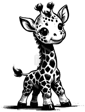 Ilustración de Ilustración estilo Woodcut de linda jirafa bebé sobre fondo blanco. - Imagen libre de derechos