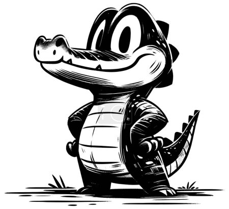 Téléchargez les illustrations : Illustration de style Woodcut de bébé crocodile mignon sur fond blanc. - en licence libre de droit