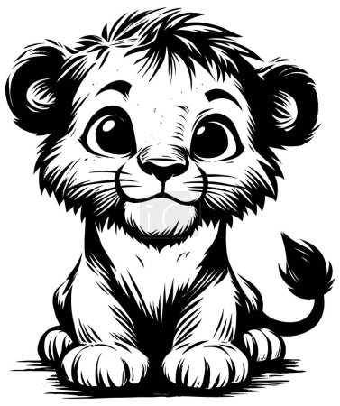 Woodcut style illustration of cute baby lion on white background.