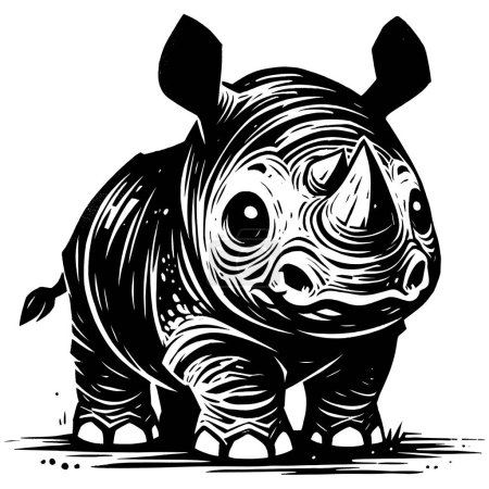 Téléchargez les illustrations : Illustration de style Woodcut de mignons rhinocéros bébé sur fond blanc. - en licence libre de droit