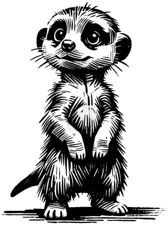 Ilustración de Ilustración estilo Woodcut de bebé lindo suricata sobre fondo blanco. - Imagen libre de derechos