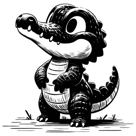 Téléchargez les illustrations : Illustration de style Woodcut de bébé crocodile mignon sur fond blanc. - en licence libre de droit
