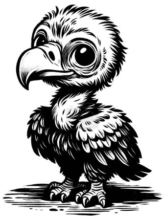 Téléchargez les illustrations : Illustration de style Woodcut de bébé vautour mignon sur fond blanc. - en licence libre de droit