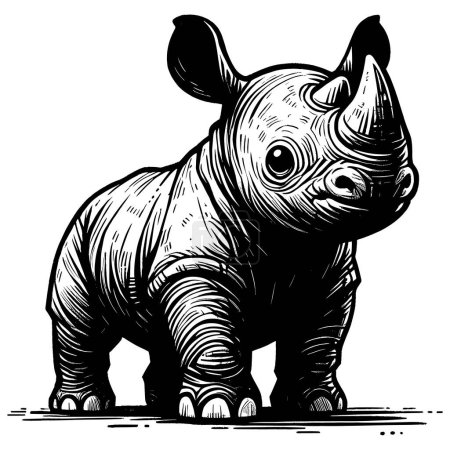 Téléchargez les illustrations : Illustration de style Woodcut de mignons rhinocéros bébé sur fond blanc. - en licence libre de droit