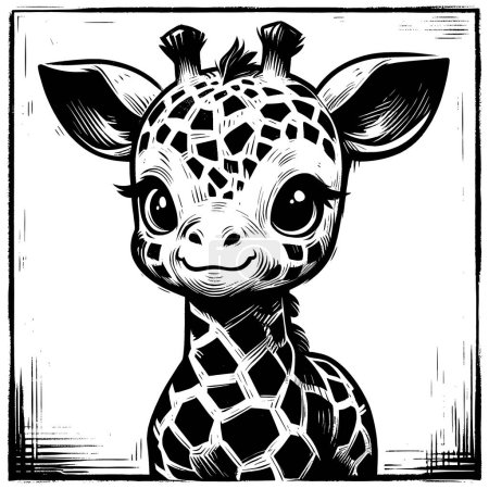 Téléchargez les illustrations : Illustration de style Woodcut de girafe bébé mignon sur fond blanc. - en licence libre de droit