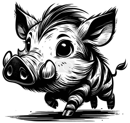 Téléchargez les illustrations : Illustration de style Woodcut de bébé warthog mignon sur fond blanc. - en licence libre de droit
