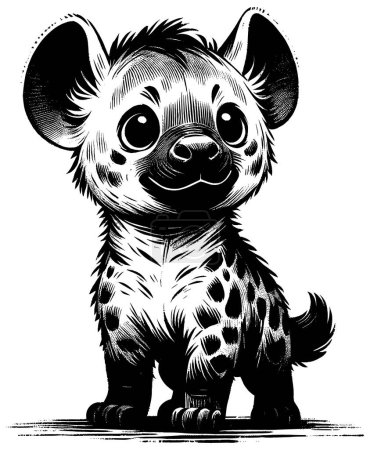 Téléchargez les illustrations : Illustration de style Woodcut de la jolie hyène bébé sur fond blanc. - en licence libre de droit