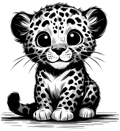 Woodcut style illustration of cute baby African leopard on white background.