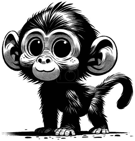 Téléchargez les illustrations : Illustration de style Woodcut de babouin bébé mignon sur fond blanc. - en licence libre de droit