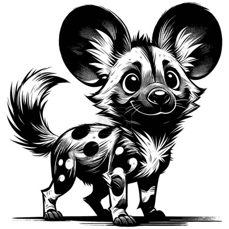 Woodcut style illustration of cute baby African wild dog on white background.