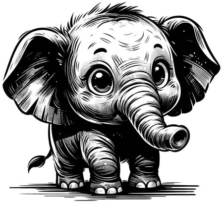 Téléchargez les illustrations : Illustration de style Woodcut de bébé éléphant mignon sur fond blanc. - en licence libre de droit