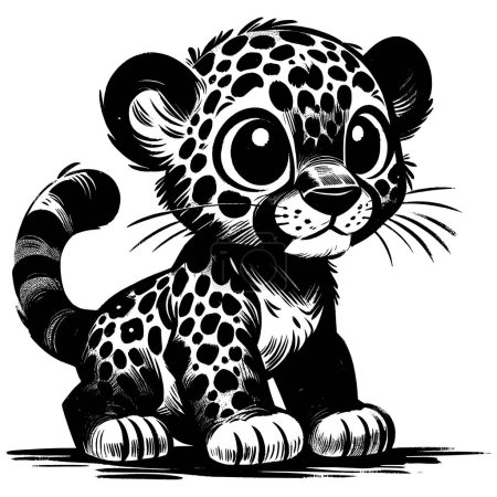 Woodcut style illustration of cute baby leopard on white background.
