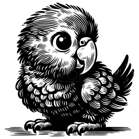 Téléchargez les illustrations : Illustration de style Woodcut de bébé perroquet mignon sur fond blanc. - en licence libre de droit