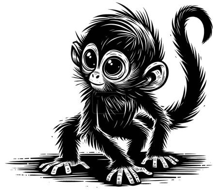 Woodcut style illustration of cute baby orangutan on white background.