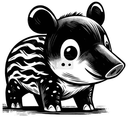Téléchargez les illustrations : Illustration de style Woodcut de tapir bébé mignon sur fond blanc. - en licence libre de droit