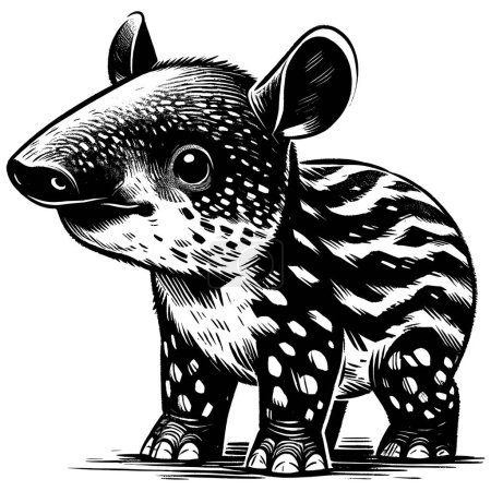 Téléchargez les illustrations : Illustration de style Woodcut de tapir bébé mignon sur fond blanc. - en licence libre de droit