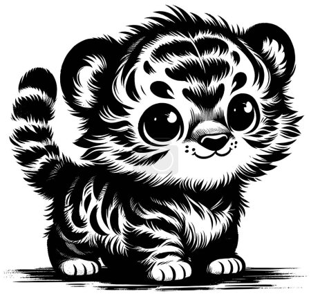 Téléchargez les illustrations : Illustration de style Woodcut de bébé tigre mignon sur fond blanc. - en licence libre de droit