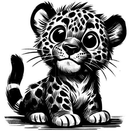 Woodcut style illustration of cute baby leopard on white background.