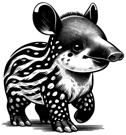 Ilustración de Ilustración estilo Woodcut de lindo tapir bebé sobre fondo blanco. - Imagen libre de derechos