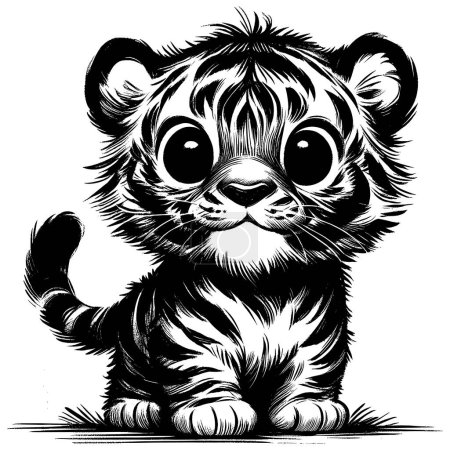 Téléchargez les illustrations : Illustration de style Woodcut de bébé tigre mignon sur fond blanc. - en licence libre de droit