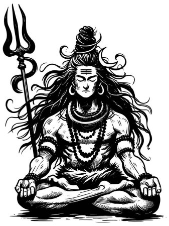 Illustration for Woodcut style illustration of Hindu god Shiva on white background. - Royalty Free Image