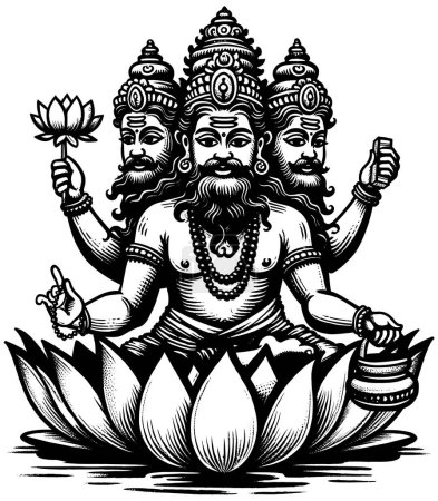 Ilustración estilo Woodcut del dios hindú Brahma sobre fondo blanco.