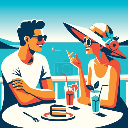 Ilustración de Ilustración de estilo plano de una pareja disfrutando de bebidas en un café junto al mar, con un velero en la distancia. - Imagen libre de derechos