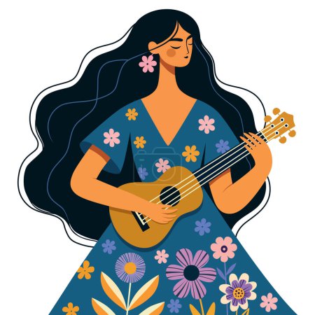 Ilustración de Ilustración de estilo plano de una mujer jugando ukelele en medio de un telón de fondo floral bajo una luna llena. - Imagen libre de derechos