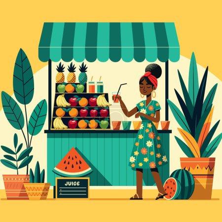 Ilustración de diseño plano de una mujer africana sirviendo jugo en un puesto de calle vibrante, rodeada de plantas.