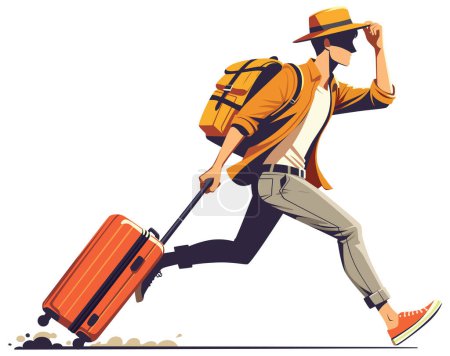 Illustration of a man in a hurry, rushing with a suitcase and backpack.