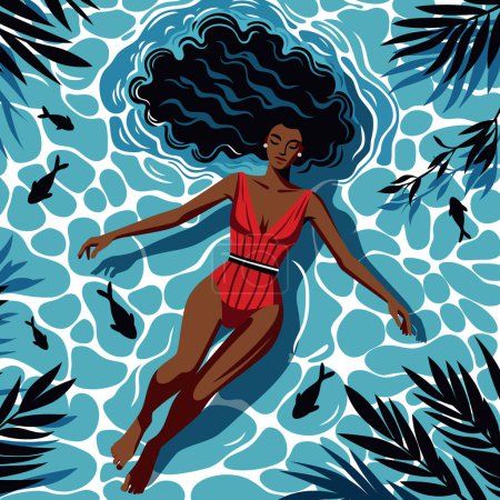 Illustration of a woman in a red swimsuit peacefully floating in water, with fish and fronds.