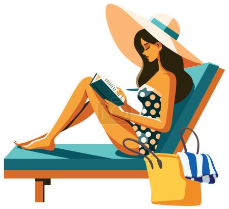 Ilustración de Ilustración de diseño plano de una mujer leyendo un libro sobre una tumbona, aislada sobre fondo blanco. - Imagen libre de derechos