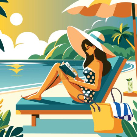 Téléchargez les illustrations : Illustration au design plat d'une femme lisant un livre sur une chaise longue au bord de la piscine, sous un parasol. - en licence libre de droit