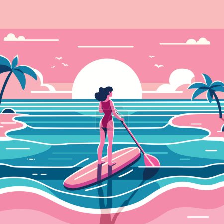 Flat design illustration of a woman paddleboarding at sunset with palm trees silhouetted against a pastel sky.