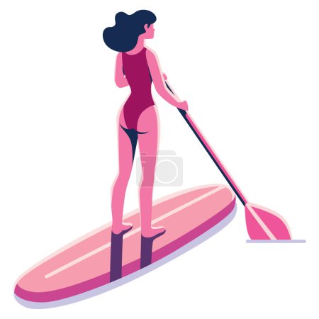 Flat design illustration of a woman paddleboarding, isolated on white background.