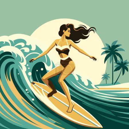 Vintage-Stil Illustration einer Frau, die in der Nähe tropischer Strände auf einer Welle surft.