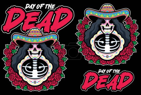 Ilustración estilo mascota de un esqueleto con un sombrero rodeado de rosas para las festividades del Día de los Muertos.