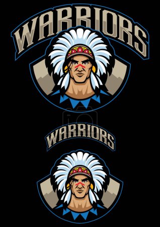 Mascot style illustration of a Native American chief in traditional headdress.