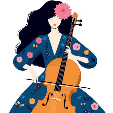 Illustration of a woman with long hair playing a cello, adorned with flowers, set against white background.