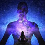 Woman doing yoga in front of giant silhouette of man with universe