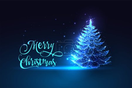 Téléchargez les photos : Joyeux Noël carte de vœux avec sapin en épicéa brillant dans un style polygonal brillant futuriste sur fond bleu foncé. Illustration vectorielle abstraite moderne de conception de connexion filaire - en image libre de droit